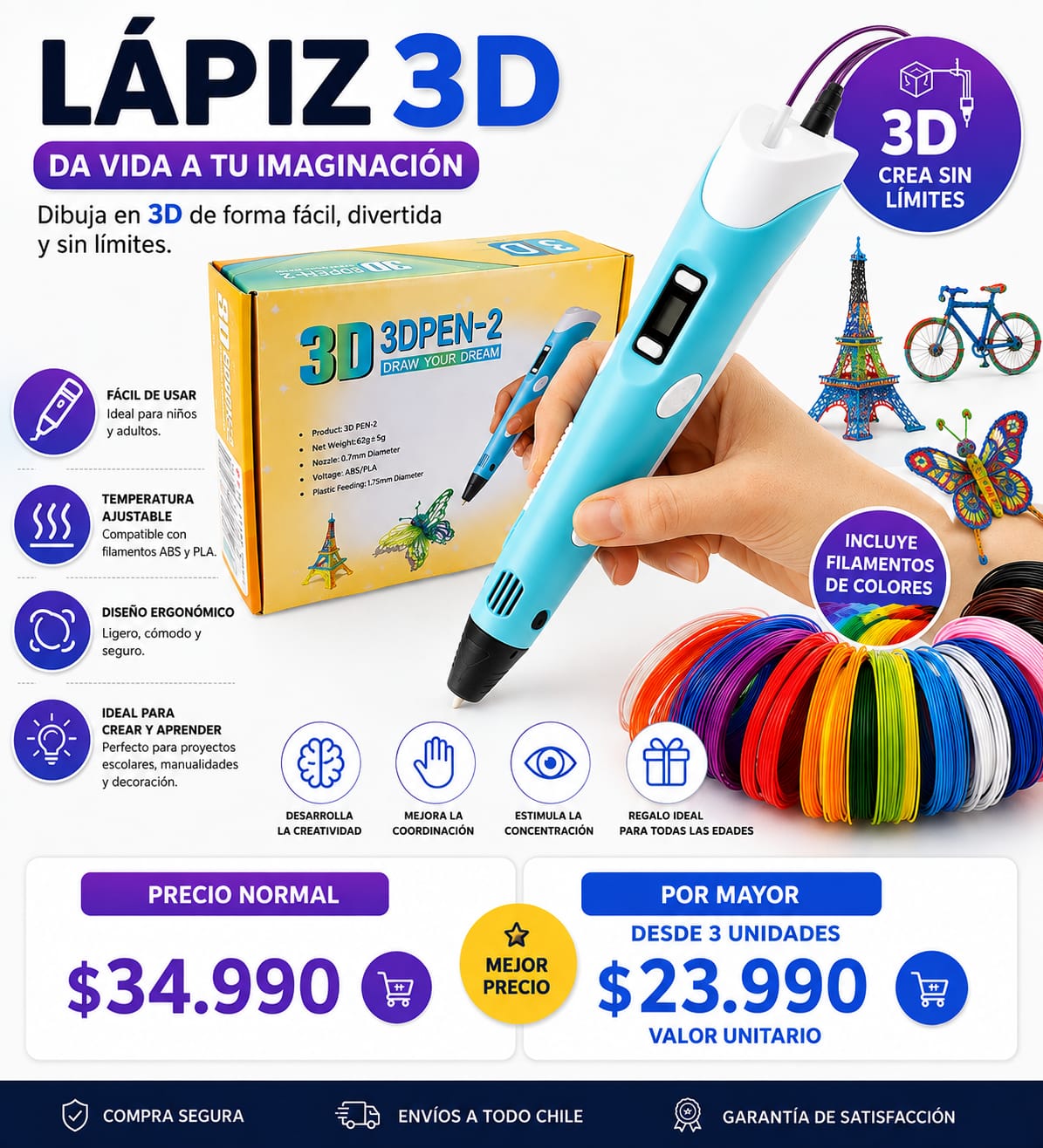 Lapiz 3D con 100 Metros filamentos